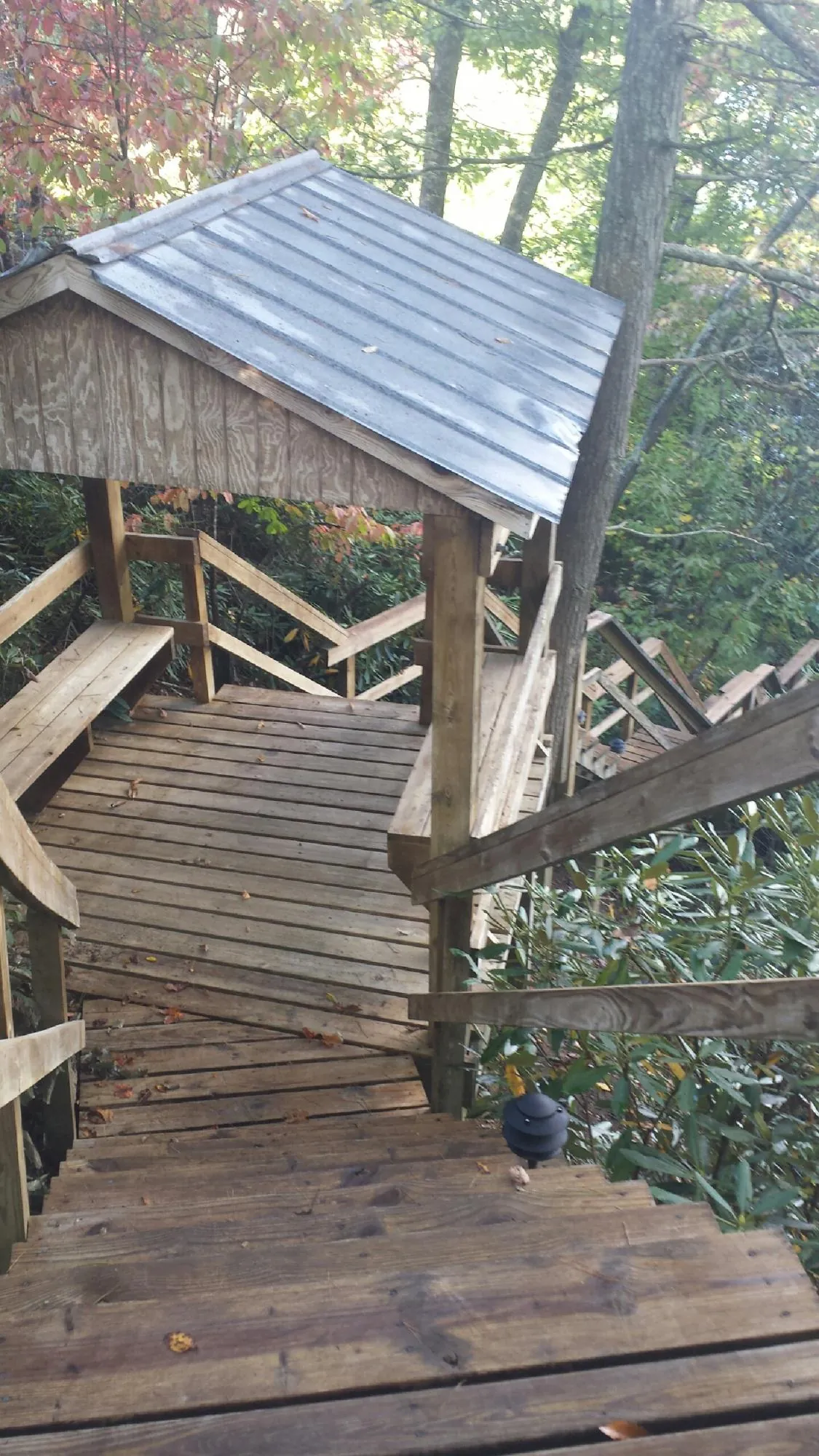 Metal roofed shelter over wooden steps on a wooded walkway — Skylight Repair & Installation work by our crew in Chuckey